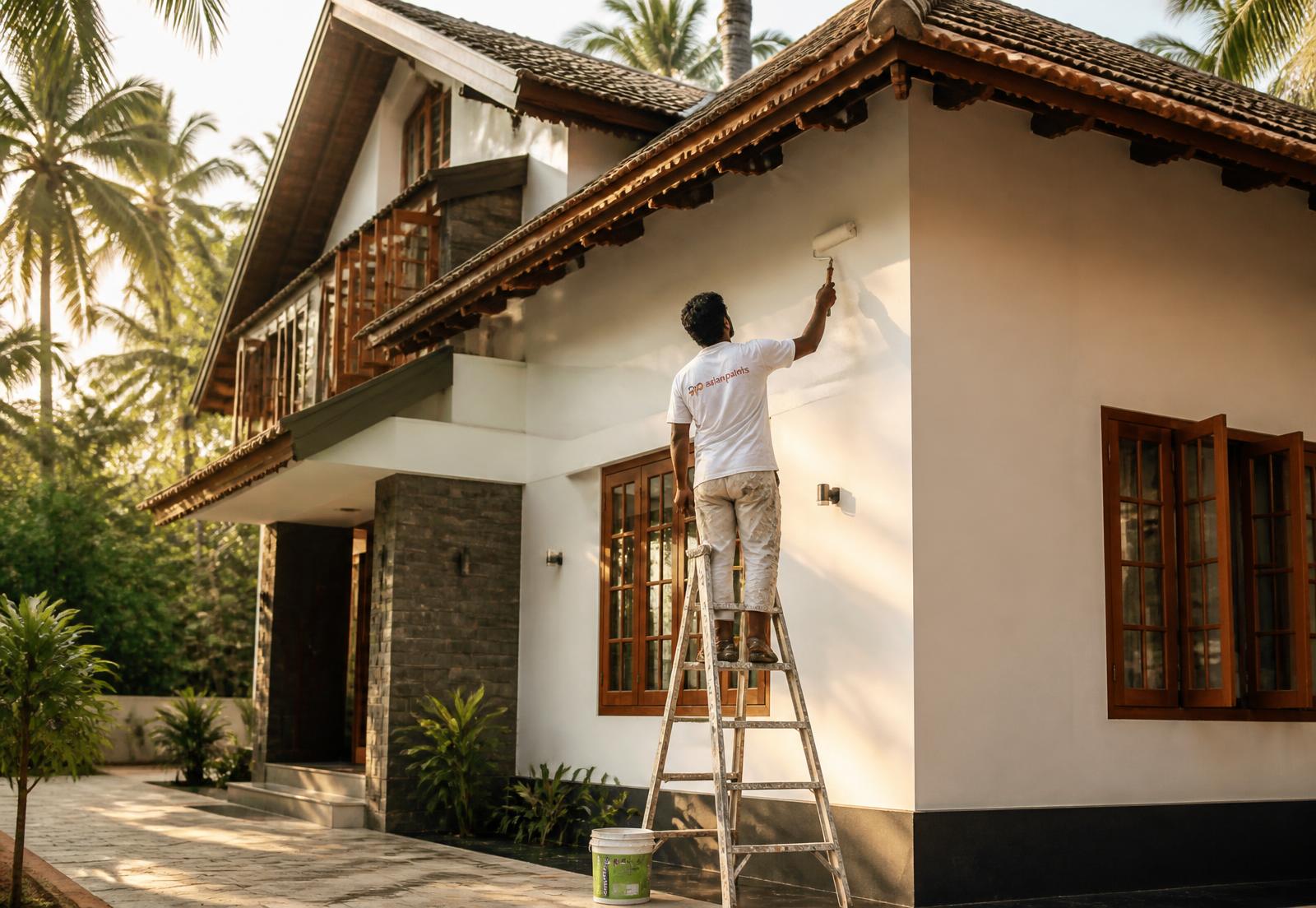 Painter applying fresh white paint to a Kerala-style home in Thiruvalla